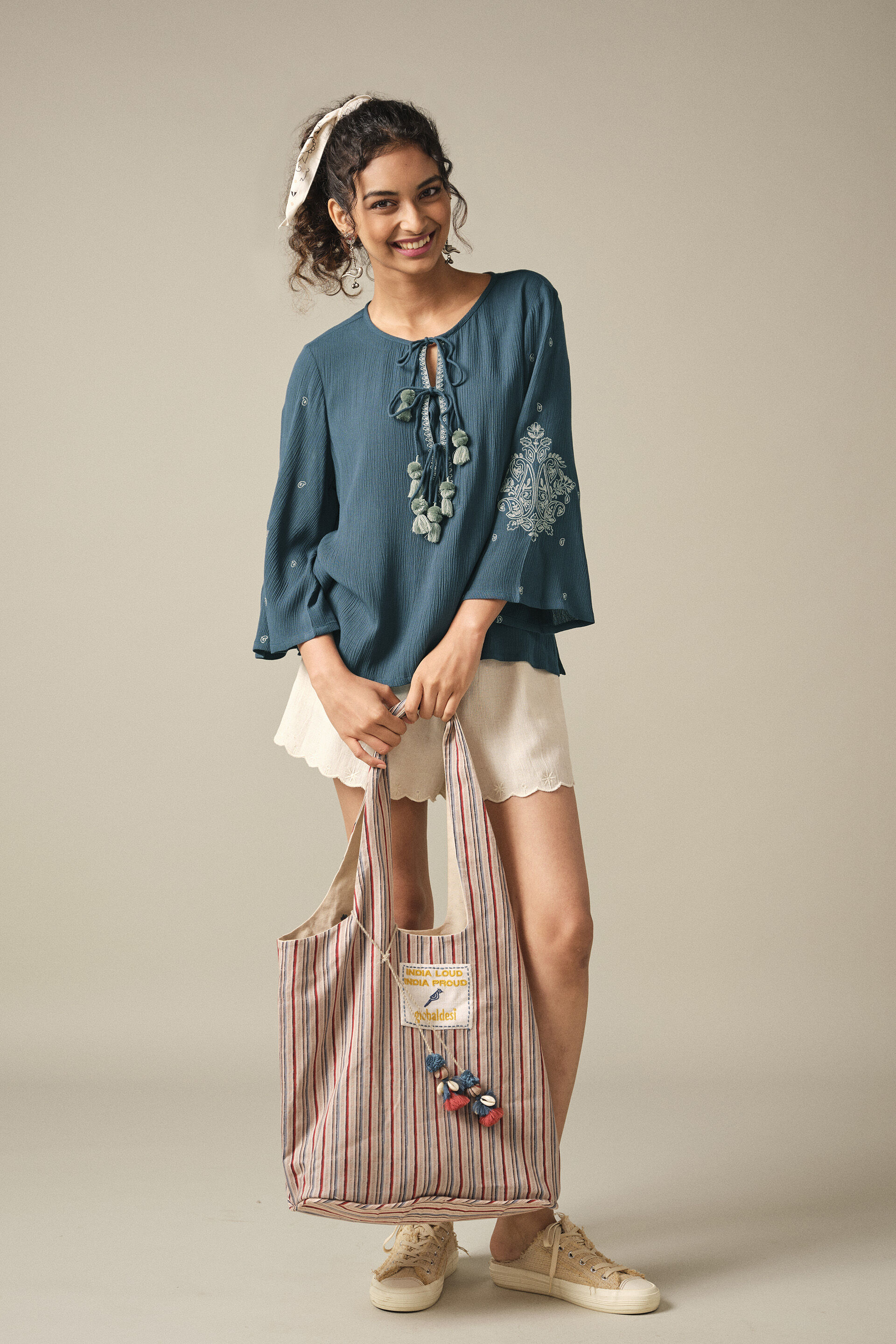 Embroidery Bell Sleeves Top in Indigo, Indigo, image 4